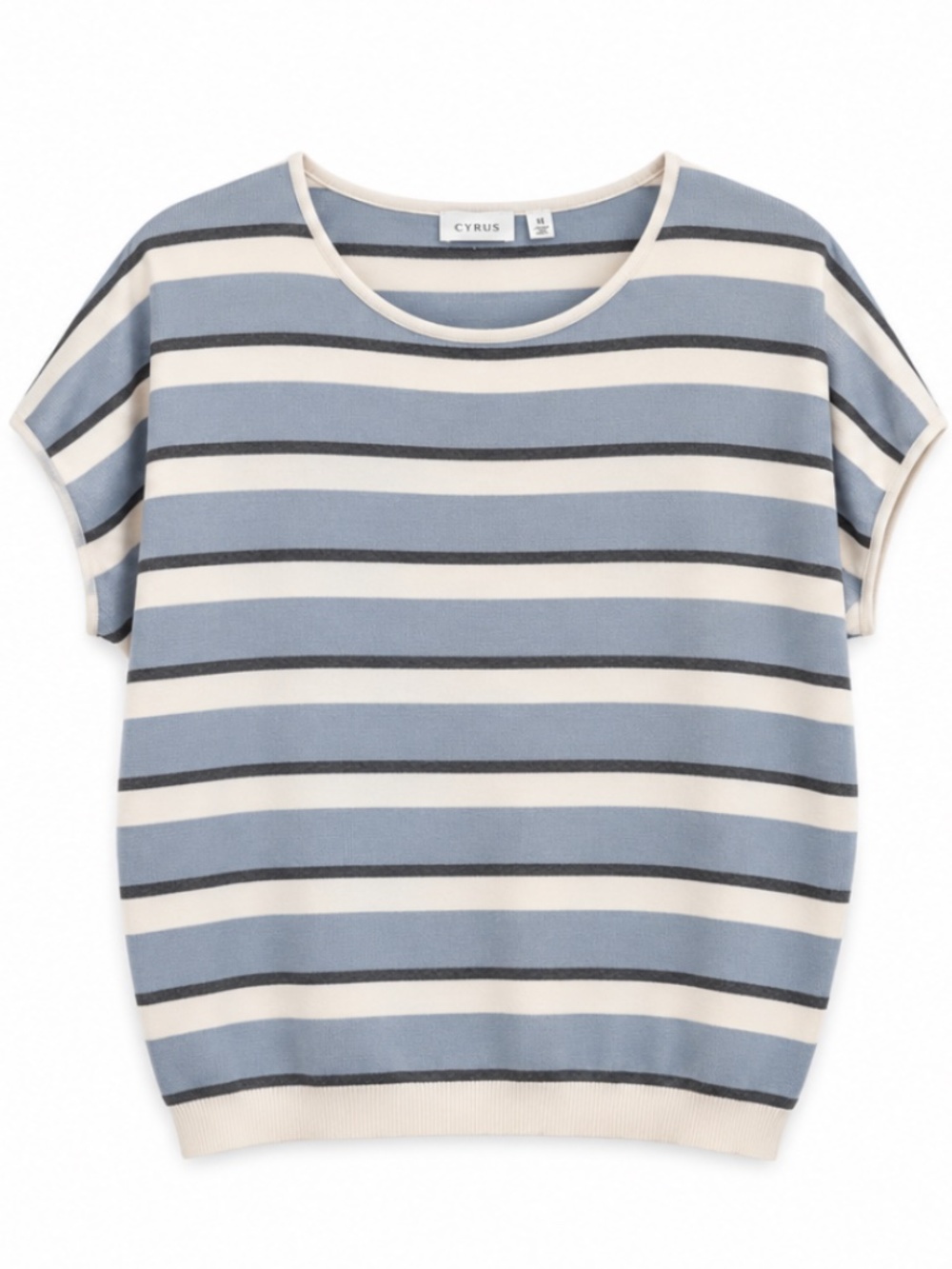 Cyrus Blue Ivory and Charcoals Striped short Sleeve Sweater. Size M